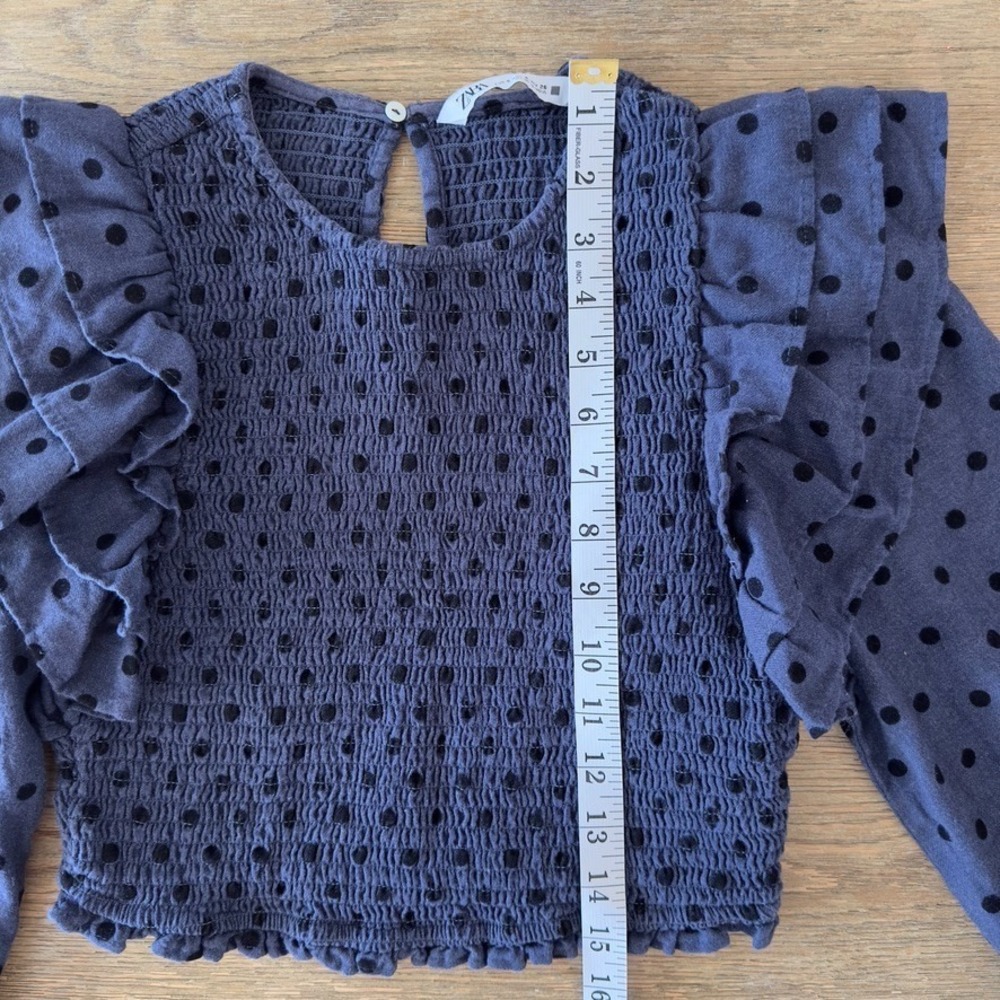 ZARA Polka Dot Smocked Ruffle Crop Top-Long Balloon Sleeve-Boho Festival-Blue - Picture 11 of 16
